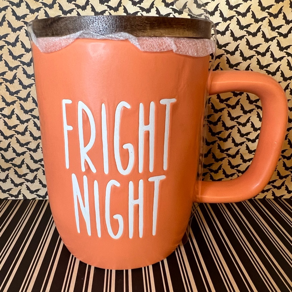 Halloween Matte Orange Fright Night Mug with Wood Spiderweb Lid Coaster